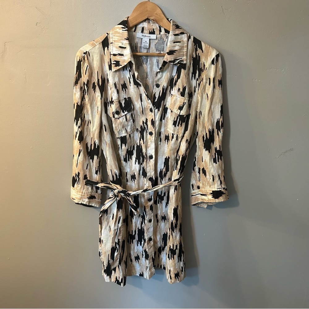 Style & Co. 100% Linen Lagenlook Tunic Top Button up 3/4 Sleeves Aztec Size 14